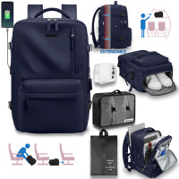 Rucsac voiaj, Quasar & Co.®, bagaj mana avion extensibil 43x30x20-28 cm + husa haine + sac rufe + trusa calatorie, rucsac calatorie multifunctional, impermeabil, compartiment pantofi, compartiment laptop, sistem agatare pe troler, textil, bleumarin/negru