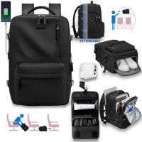 Rucsac voiaj, Quasar & Co.®, bagaj mana avion extensibil 43x30x20-28 cm + trusa cosmetice cu carlig + trusa calatorie, rucsac calatorie multifunctional, impermeabil, compartiment pantofi, compartiment laptop, sistem agatare pe troler, textil, negru/negru