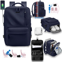 Rucsac voiaj, Quasar & Co.®, bagaj mana avion extensibil 43x30x20-28 cm + trusa cosmetice cu carlig + trusa calatorie, rucsac calatorie multifunctional, impermeabil, compartiment pantofi, compartiment laptop, sistem agatare pe troler, textil, bleumarin/ne