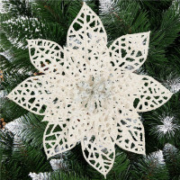 Set 10 ornamente pentru bradul de Craciun, stea Poinsettia, 14cm, alb cu sclipici Set 10 ornamente pentru bradul de Craciun, stea Poinsettia, 14cm, alb cu sclipici