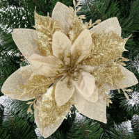 Set 10 ornamente pentru bradul de Craciun, stea Poinsettia, 13cm, auriu crem Set 10 ornamente pentru bradul de Craciun, stea Poinsettia, 13cm, auriu crem