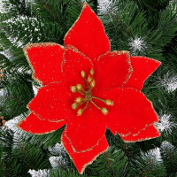 Set 10 ornamente pentru bradul de Craciun, stea Poinsettia, 13cm, rosu cu sclipici