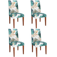 Set 4 huse pentru scaun, marime universala, poliester si spandex, 38x70cm, verde cu model floral Set 4 huse pentru scaun, marime universala, poliester si spandex, 38x70cm, verde cu model floral