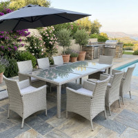 Set mobilier gradina 8 scaune si masa 196x98x73 cm, ratan si cadru otel zincat, blat masa sticla securizata, gri