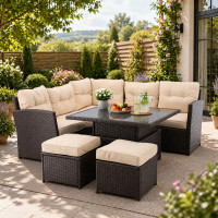 Set mobilier gradina coltar 5 piese, canapea colt, 2 tabureti si masa reglabila pe inaltime, ratan PE, 179x69x73 cm, maro si crem Set mobilier gradina coltar 5 piese, canapea colt, 2 tabureti si masa reglabila pe inaltime, ratan PE, 179x69x73 cm, maro si crem