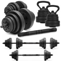 Set gantere, bara si kettlebell ajustabil 30 kg, 16 discuri, conector si suport dedicat, negru Set gantere, bara si kettlebell ajustabil 30 kg, 16 discuri, conector si suport dedicat, negru