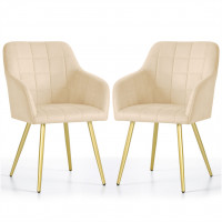 Set 2 scaune dining tapitate cu velur Luxano, cusaturi patrate, picioare aurii, 54x58x82 cm, bej