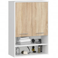 Dulap baie suspendat, cu 2 usi si 2 rafturi deschise, PAL 16 mm, 64x30x94 cm, alb si stejar sonoma Dulap baie suspendat, cu 2 usi si 2 rafturi deschise, PAL 16 mm, 64x30x94 cm, alb si stejar sonoma