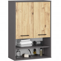 Dulap baie suspendat, cu 2 usi si 2 rafturi deschise, PAL 16 mm, 64x30x94 cm, gri si stejar artisan
