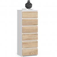 Comoda cu 6 sertare, PAL laminat 16 mm, 40x35x109 cm, alb si stejar sonoma