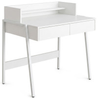 Birou compact, MDF melaminat, cu 2 sertare si raft, cadru metalic, 78x48x95 cm, alb