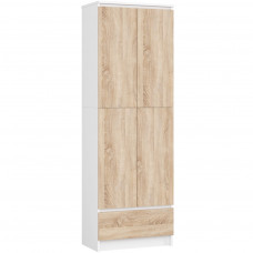 Dulap inchis cu 2 usi si sertar, 4 rafturi, PAL laminat 16 mm, 60x35x180 cm, alb si stejar sonoma Dulap inchis cu 2 usi si sertar, 4 rafturi, PAL laminat 16 mm, 60x35x180 cm, alb si stejar sonoma