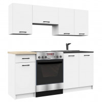 Set mobila bucatarie Olivia 180 cm, cu blat stejar sonoma, PAL laminat, 5 corpuri, 180x46x203 cm, alb si gri beton Set mobila bucatarie Olivia 180 cm, cu blat stejar sonoma, PAL laminat, 5 corpuri, 180x46x203 cm, alb si gri beton