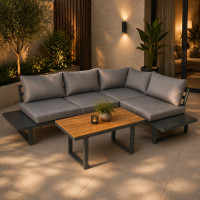 Set mobilier gradina Bogota coltar modular, 2 canapele si masa cu inaltime reglabila, cadru aluminiu, 160x70x79 cm, gri