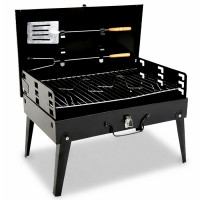 Gratar portabil pliabil tip valiza pentru camping, cu accesorii de gratar incluse, 45x30x30 cm