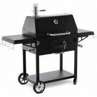 Gratar carbuni cu capac si termometru, grill fonta, rafturi laterale, roti pentru deplasare, 153x65x137 cm, negru