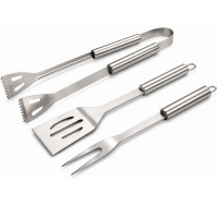 Set 3 ustensile pentru gratar din otel inoxidabil, spatula, furculita si cleste, cu husa