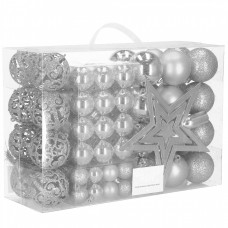 Set globuri si decoratiuni de Craciun, 100 piese, diverse dimensiuni cu stea, argintiu