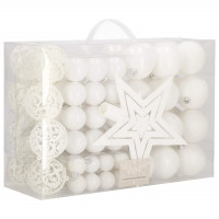 Set globuri si decoratiuni de Craciun, 100 piese, diverse dimensiuni cu stea, alb Set globuri si decoratiuni de Craciun, 100 piese, diverse dimensiuni cu stea, alb