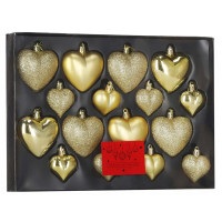 Set globuri decorative in forma de inima, 16 bucati, plastic, 4-7 cm, auriu