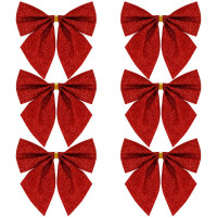 Set 6 ornamente pentru bradul de Craciun, fundita, 8cm, rosu cu sclipici
