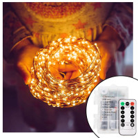 Instalatie lumina decorativa cu 100 LED-uri, 10m, alimentare baterii, telecomanda, iluminare galbena