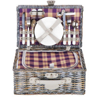 Cos de picnic echipat pentru 4 persoane Deluxe, din rachita, cu vesela si tacamuri, izolat termic, gri