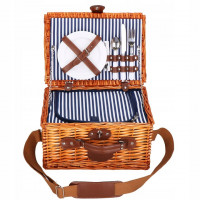 Cos de picnic echipat pentru 2 persoane Deluxe, din rachita, cu vesela si tacamuri, frigorific