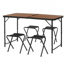 Set masa pliabila de camping cu 4 scaune, inaltime reglabila, aluminiu si MDF, 120x60x71 cm, maro si negru Set masa pliabila de camping cu 4 scaune, inaltime reglabila, aluminiu si MDF, 120x60x71 cm, maro si negru