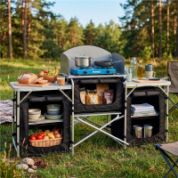 Bucatarie de camping pliabila cu 3 blaturi MDF, cadru aluminiu, portabila pentru exterior, 175x45x110 cm, gri