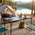 Masa pliabila pentru camping cu suport umbrela, reglabila pe inaltime, aluminiu si MDF, 120x60x71 cm, negru si gri [24]