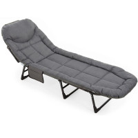Sezlong pliabil pentru gradina, cu saltea, tetiera reglabila si buzunar lateral, 200x65x30 cm, 150 kg, gri
