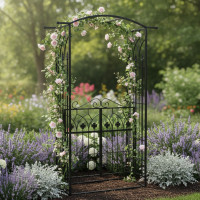 Pergola gradina metalica cu poarta, suport plante cataratoare, 106x50x217 cm, negru Pergola gradina metalica cu poarta, suport plante cataratoare, 106x50x217 cm, negru