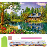 Set de broderie cu diamante 5D, 30x40cm, model Cabana langa iaz Set de broderie cu diamante 5D, 30x40cm, model Cabana langa iaz