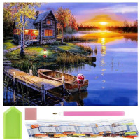 Set de broderie cu diamante 5D, 30x40cm, model Cabana langa lac Set de broderie cu diamante 5D, 30x40cm, model Cabana langa lac