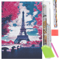 Set de broderie cu diamante 5D, 30x40cm, model Paris in roz Set de broderie cu diamante 5D, 30x40cm, model Paris in roz
