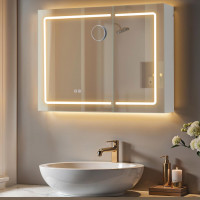 VASAGLE Dulap pentru baie cu oglinda si iluminare LED reglabila, functie anti-abur, USB si prize integrate, 80x17x60 cm, alb VASAGLE Dulap pentru baie cu oglinda si iluminare LED reglabila, functie anti-abur, USB si prize integrate, 80x17x60 cm, alb
