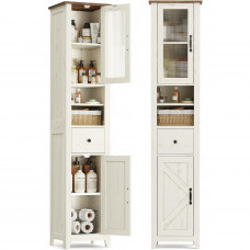 VASAGLE Dulap baie ingust Liry, tip coloana, cu sertar, compartimente deschise si usi, MDF, 33x32x171 cm, alb rustic