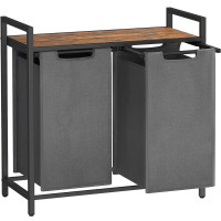 VASAGLE Cos de rufe, 2 compartimente, saci de rufe detasabili, raft, cadru metalic, 2x46L, 73x33x72 cm, maro rustic si gri
