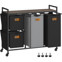 VASAGLE Cos de rufe cu 4 compartimente 2x25 L si 2x50 L, mobil cu roti, saci detasabili, 99x33x81 cm, maro  si negru