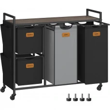 VASAGLE Cos de rufe cu 4 compartimente 2x25 L si 2x50 L, mobil cu roti, saci detasabili, 99x33x81 cm, maro  si negru
