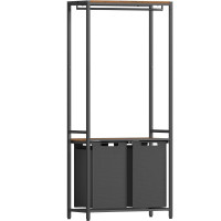 VASAGLE Cos de rufe, 2 compartimente, saci de rufe detasabili, 2 rafturi, tija umerase, 2x46L, 73x33x177cm, maro rustic