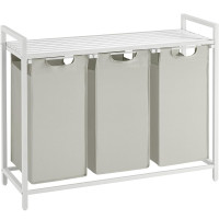 VASAGLE Cos de rufe, 3 compartimente, saci de rufe detasabili, raft, cadru metalic, 3x38L, 93x33x72 cm, alb
