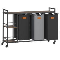 VASAGLE Cos de rufe cu rafturi si roti, 3 compartimente cu saci de rufe detasabili, 3x50 litri, 117x33x81 cm, maro si negru VASAGLE Cos de rufe cu rafturi si roti, 3 compartimente cu saci de rufe detasabili, 3x50 litri, 117x33x81 cm, maro si negru