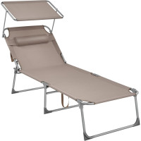 SONGMICS Sezlong pliabil, cu parasolar si tetiera, spatar reglabil in 4 pozitii, maxim 150kg, 200x71x38 cm, taupe
