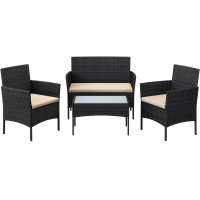 SONGMICS Set de mobilier pentru terasa sau balcon, din poliratan PE, masa, canapea si 2 scaune, negru SONGMICS Set de mobilier pentru terasa sau balcon, din poliratan PE, masa, canapea si 2 scaune, negru