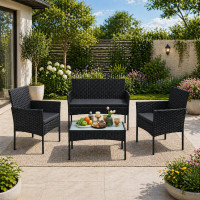 SONGMICS Set mobilier gradina 4 locuri, canapea, 2 scaune si masa cu sticla, ratan PE, negru si gri SONGMICS Set mobilier gradina 4 locuri, canapea, 2 scaune si masa cu sticla, ratan PE, negru si gri