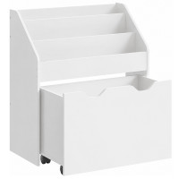 SONGMICS Raft pentru carti si jucarii copii, cu lada de depozitare pe roti, 3 rafturi, 63x30x70 cm, alb