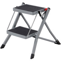 SONGMICS Scara pliabila cu 2 trepte, cauciuc antiderapant, cu maner, sarcina 150 kg, otel, 50x60x44cm, gri si negru