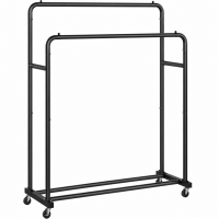SONGMICS Suport mobil pentru haine cu 2 bare de umerase si raft inferior pentru pantofi, structura metalica, maxim 90 kg, 4 roti pivotante la 360°, id